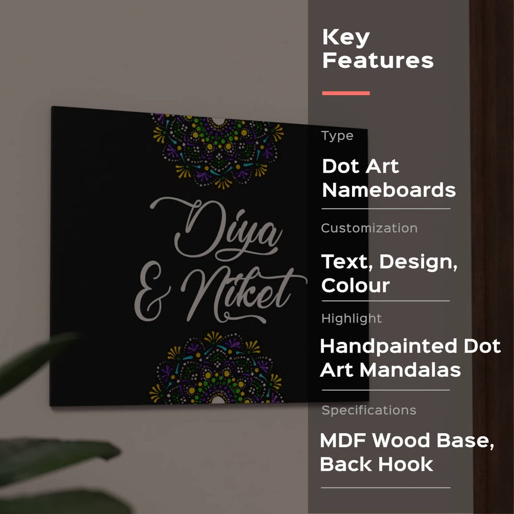 Rectangle Dot Art Name Plate Couple Names - Mounted on Wall Side View