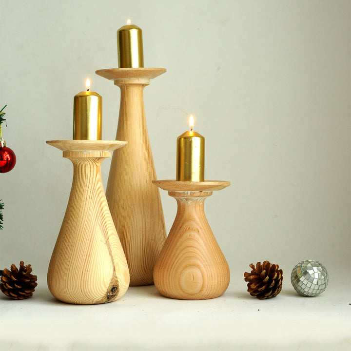 Handcrafted Quoit Rubber Wood Candle Holders | Set Of 3
