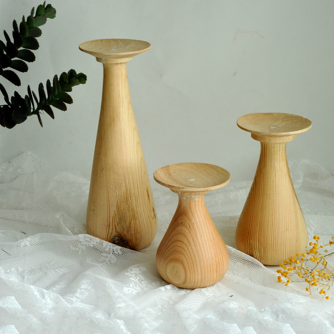 Handcrafted Quoit Rubber Wood Candle Holders | Set Of 3