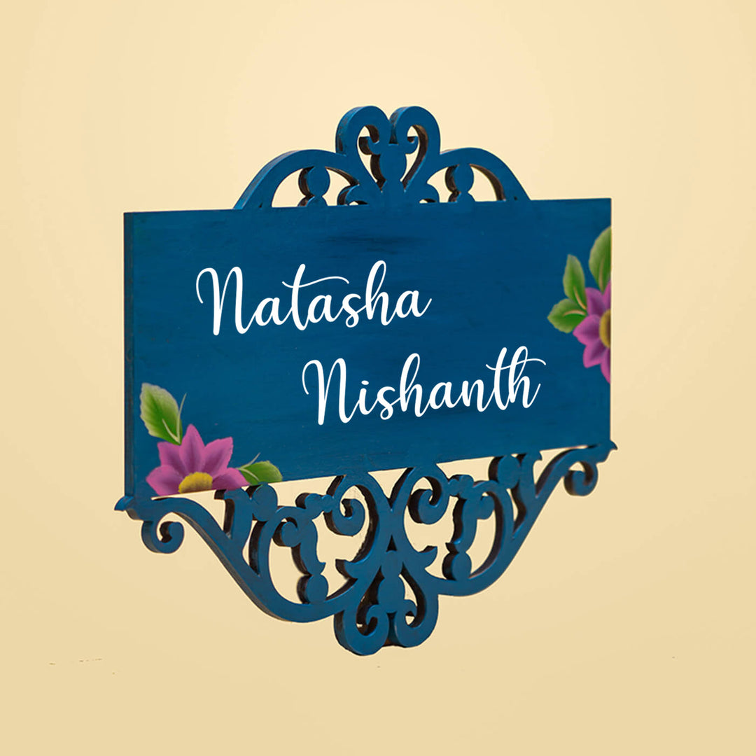 Handpainted Rectangular One Stroke Art Name Plate Blue - Side View Showing Depth and Personalization