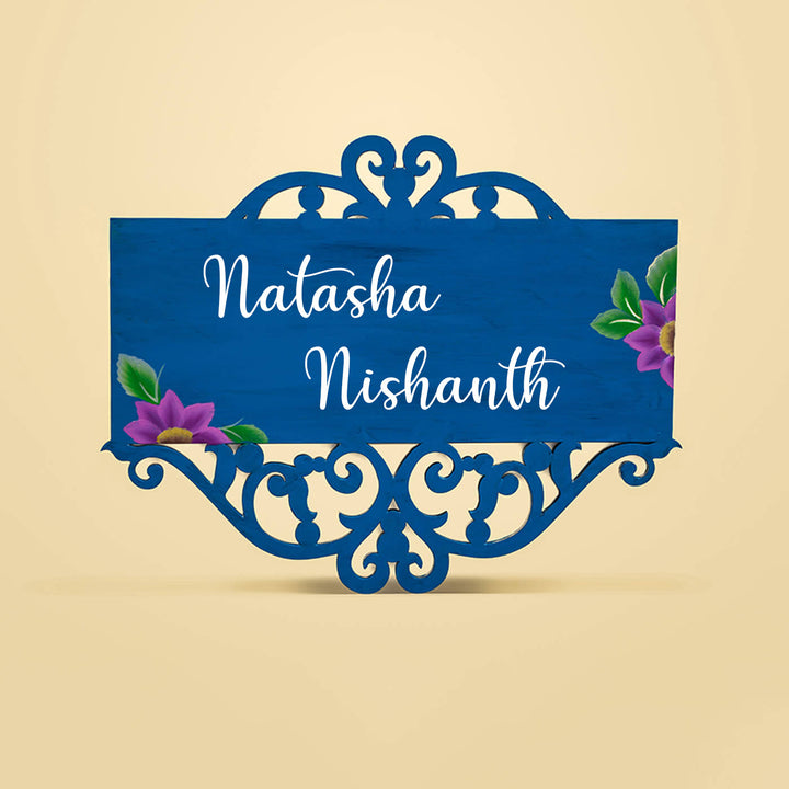 Handpainted Rectangular One Stroke Art Name Plate Blue - Front View with Name Personalization