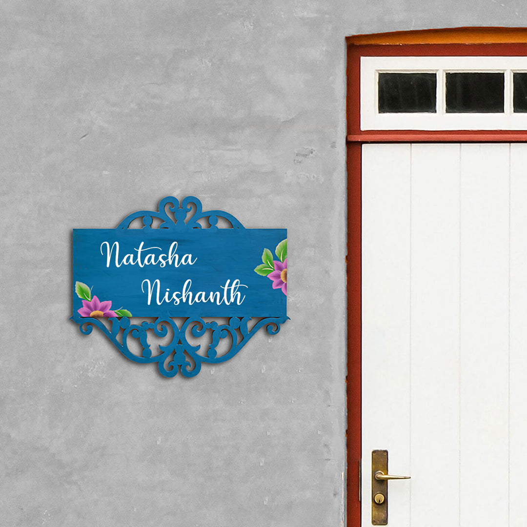 Handpainted Rectangular One Stroke Art Name Plate Blue - Mounted on Exterior Wall Near Door