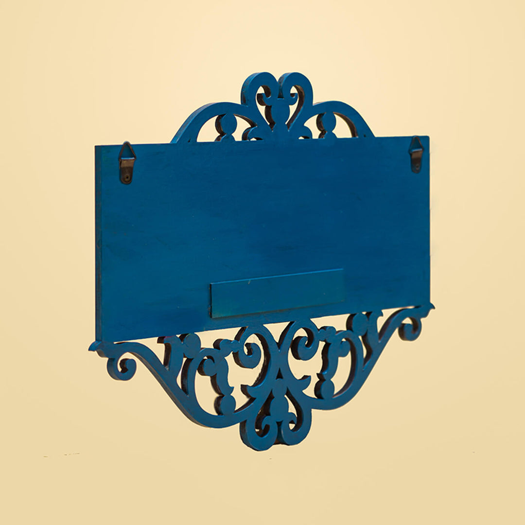 Handpainted Rectangular One Stroke Art Name Plate Blue - Back View Showing Hanging Hooks
