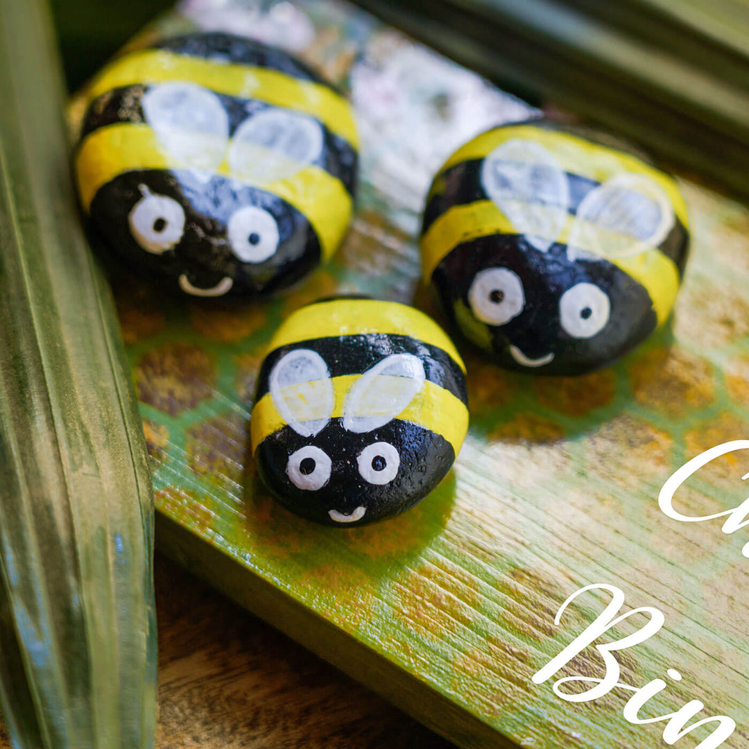 Hand Painted Pebble Name Plate Honey Bees - Top Angle Group Display