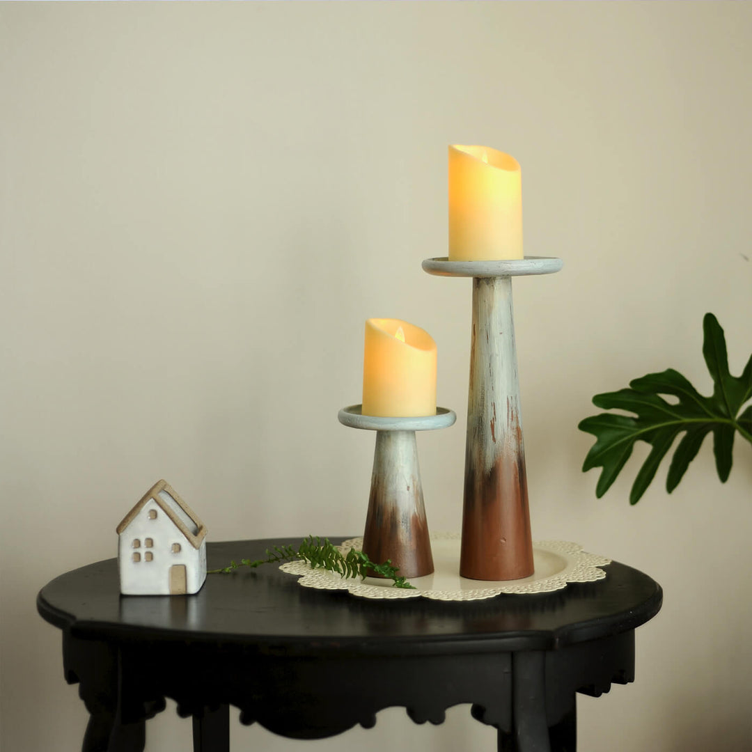 Handcrafted Ombre Farmhouse Teak Wood Candle Holders | Set Of 2