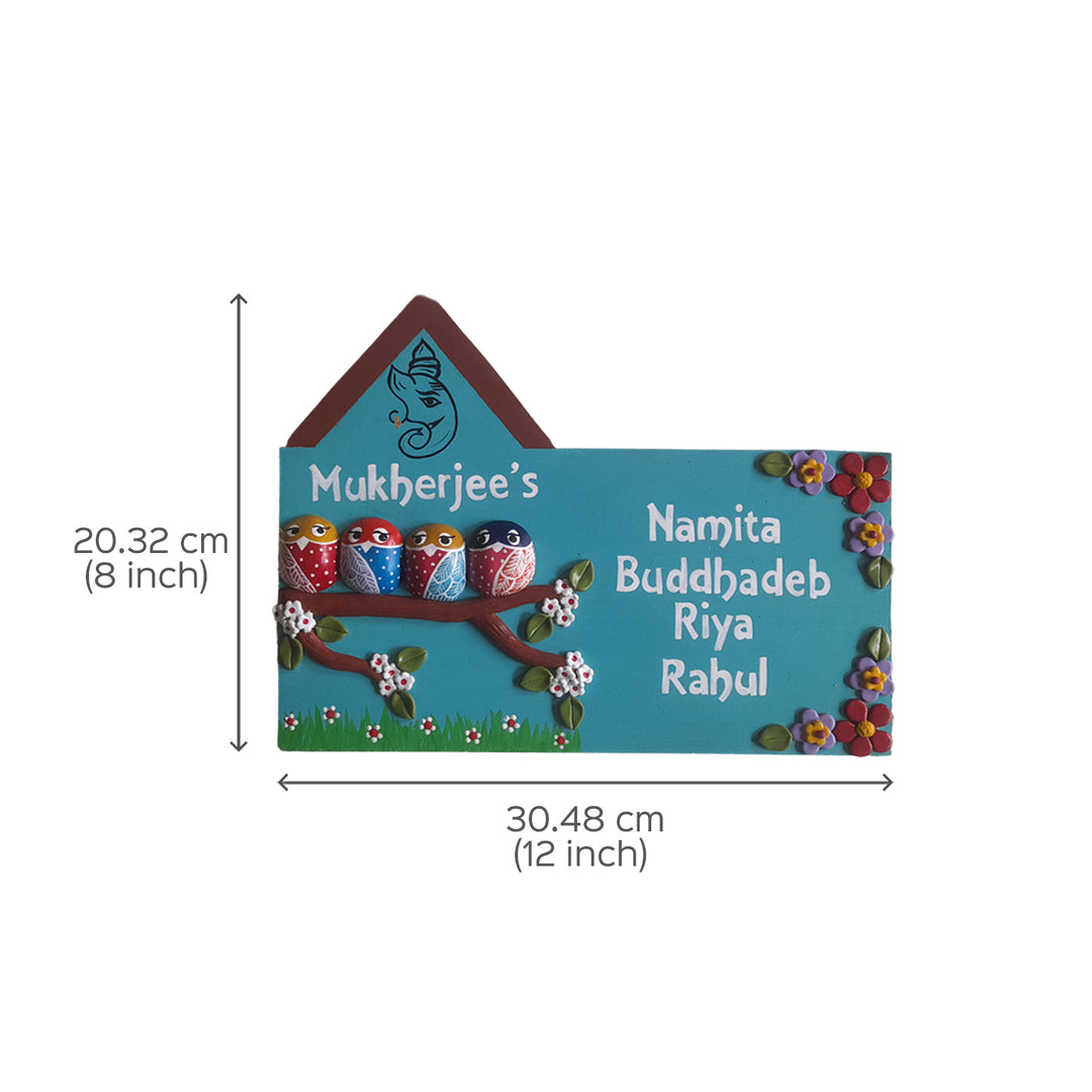 Handmade Owl Family Name Plate With Personalised Clay Figures 1 - Dimension Chart with Names and Design