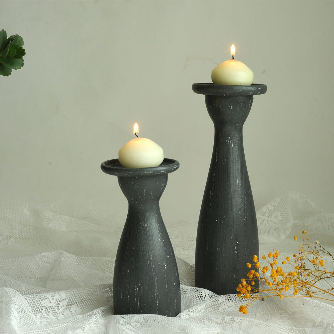 Handcrafted Rustic Rubber Wood Candle Holders | Set Of 2