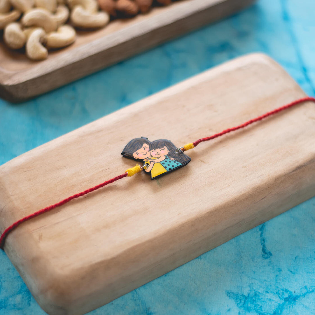 Sibling Illustration Rakhi Type 4 - Rakhi on Wooden Board