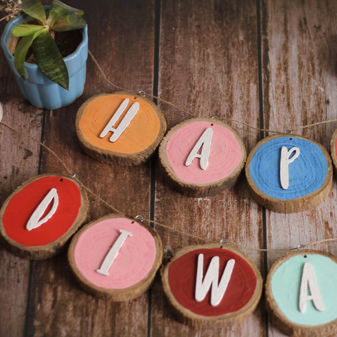 28 In | Happy Diwali Teak Wood Bark Coaster Bunting