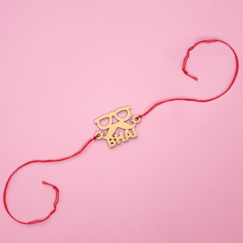 Sunglasses Mustache Bhai Mdf Rakhi - Full length of Rakhi on surface