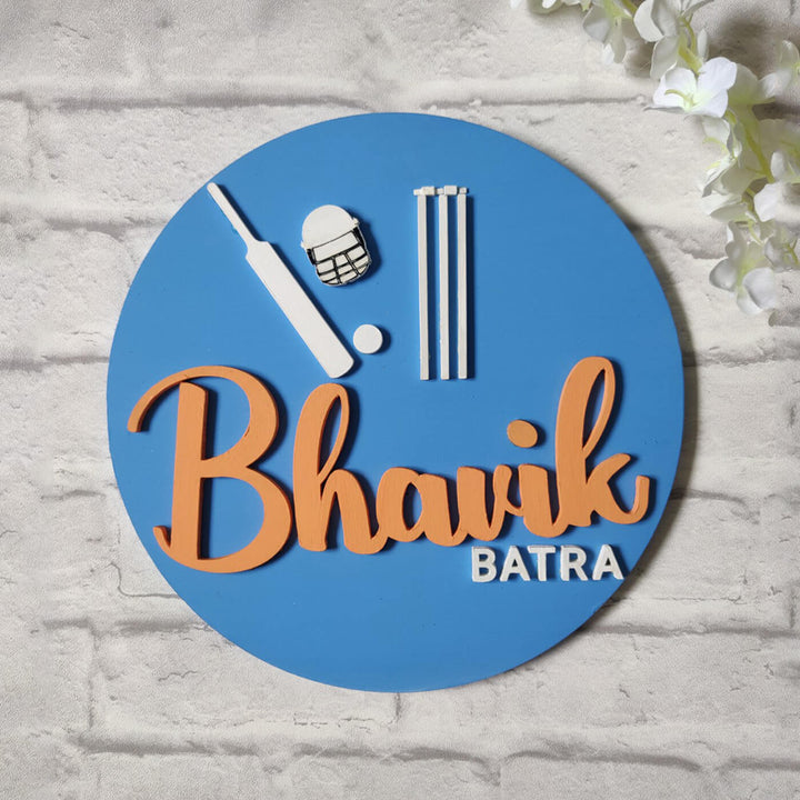 Cricket Theme Personalised Mdf Name Plate - Front View with Name Personalization