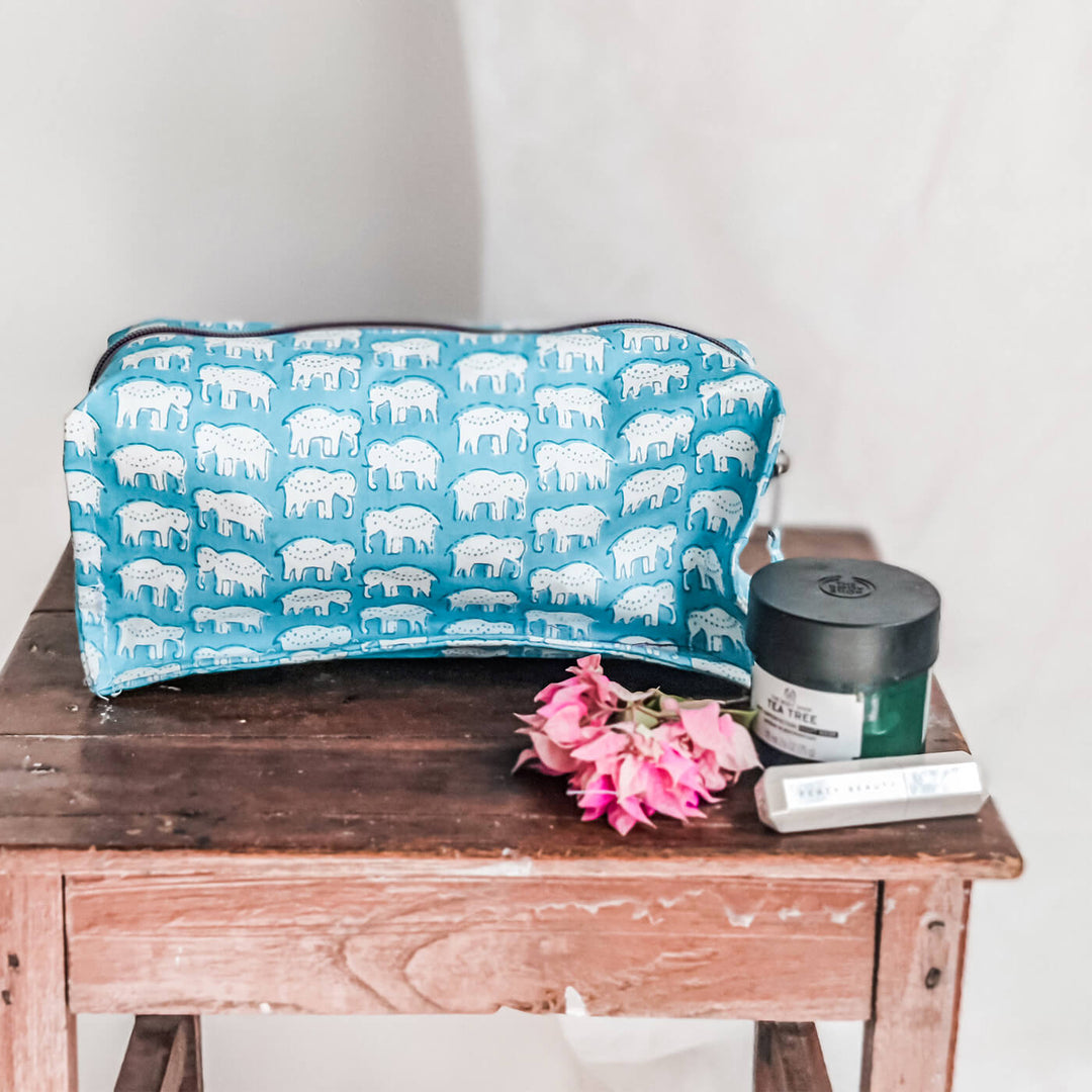 Blue Elephant Motif Travel Makeup Organizer