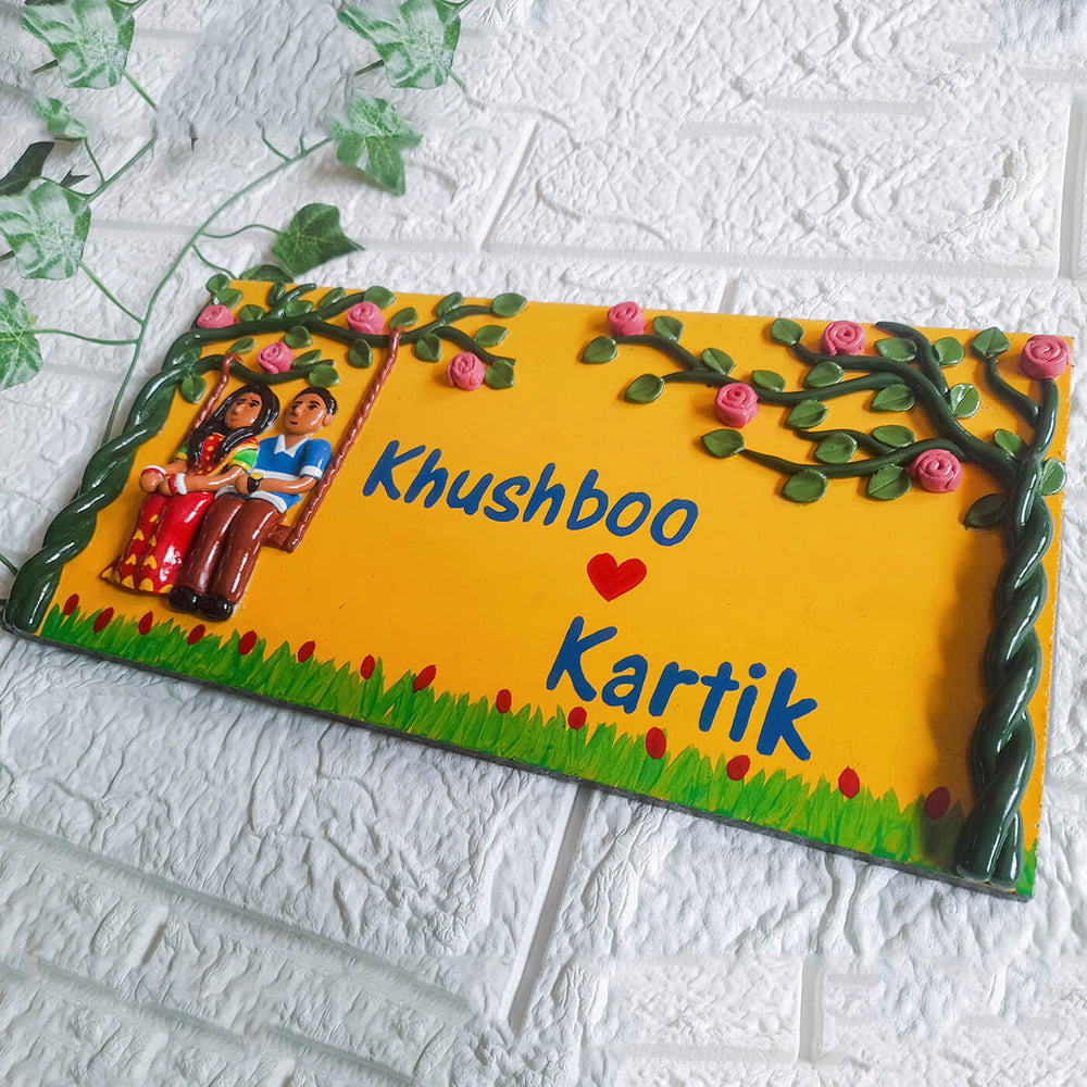 Handmade Couple Name Plate With Personalised Clay Figures - Name Personalization Example on Wall Plaque