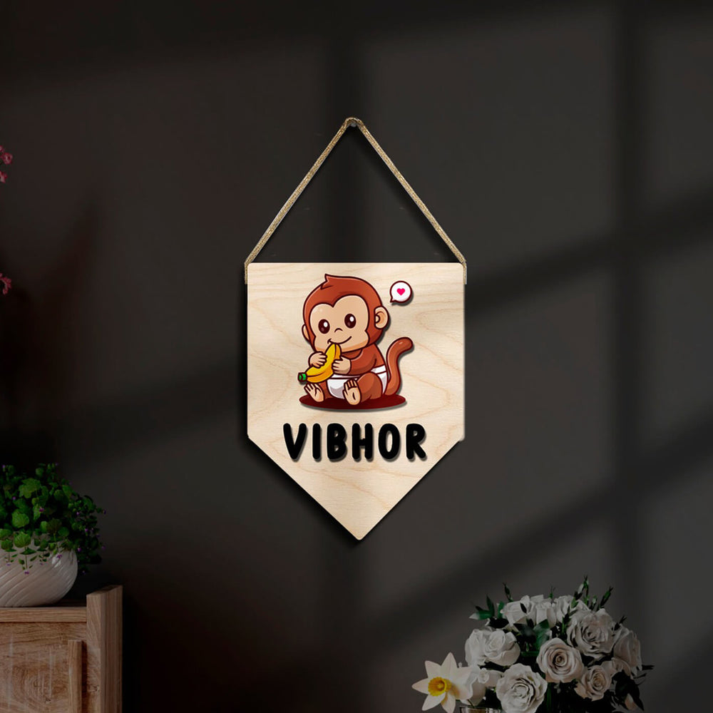 Kids Monkey Themed 3D Name Plate - Hanging on Rope Display