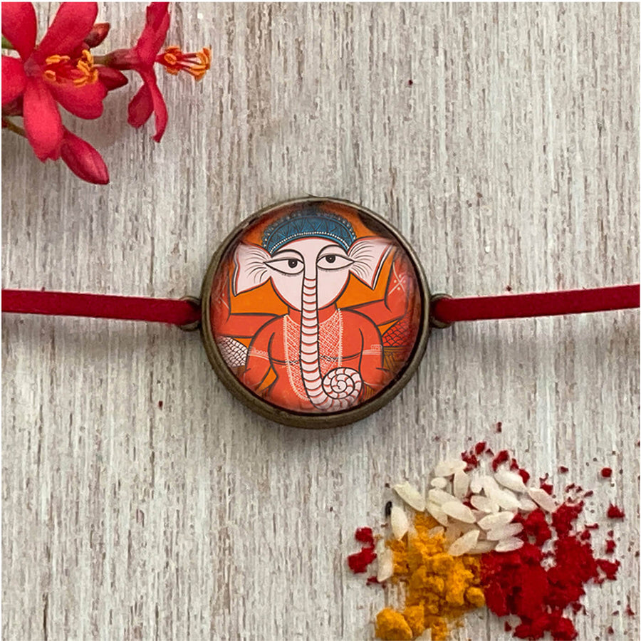 Lord Ganesha Kalighat Pat Folkart Rakhi - Close-up Front View