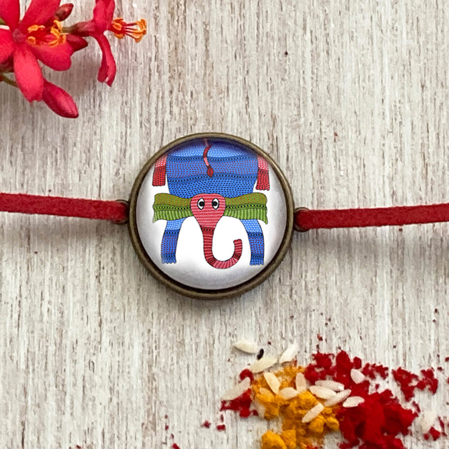 Gond Elephant Handcrafted Folkart Rakhi - Front View