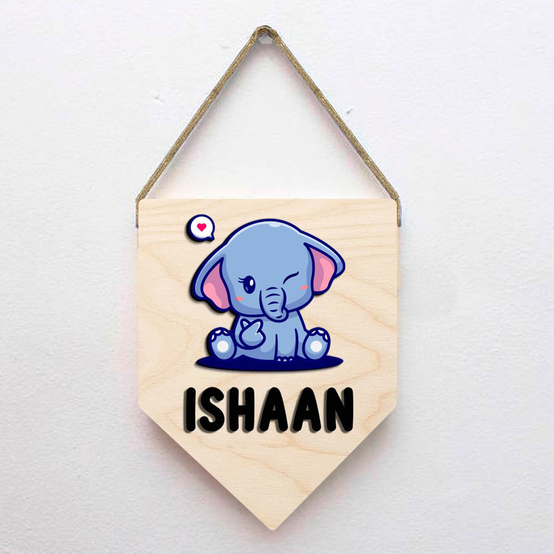 Kids Elephant Themed 3D Name Plate - Hanging with Name Personalization Example