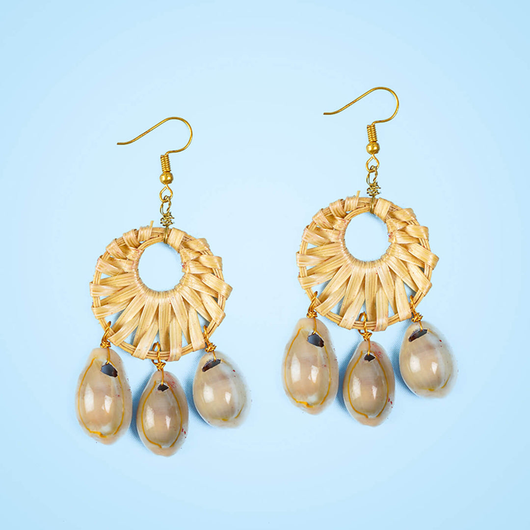 Round Woven Bamboo Earrings with Shells