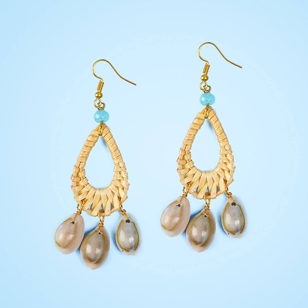 Drop-Shaped Woven Bamboo Earrings with Shells