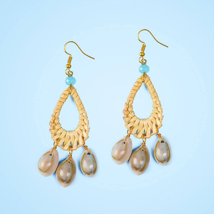 Drop-Shaped Woven Bamboo Earrings with Shells
