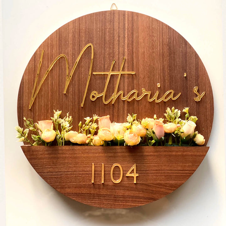 Personalised Wooden Flower Basket Name Plate 1 - Front View with Flower Arrangement