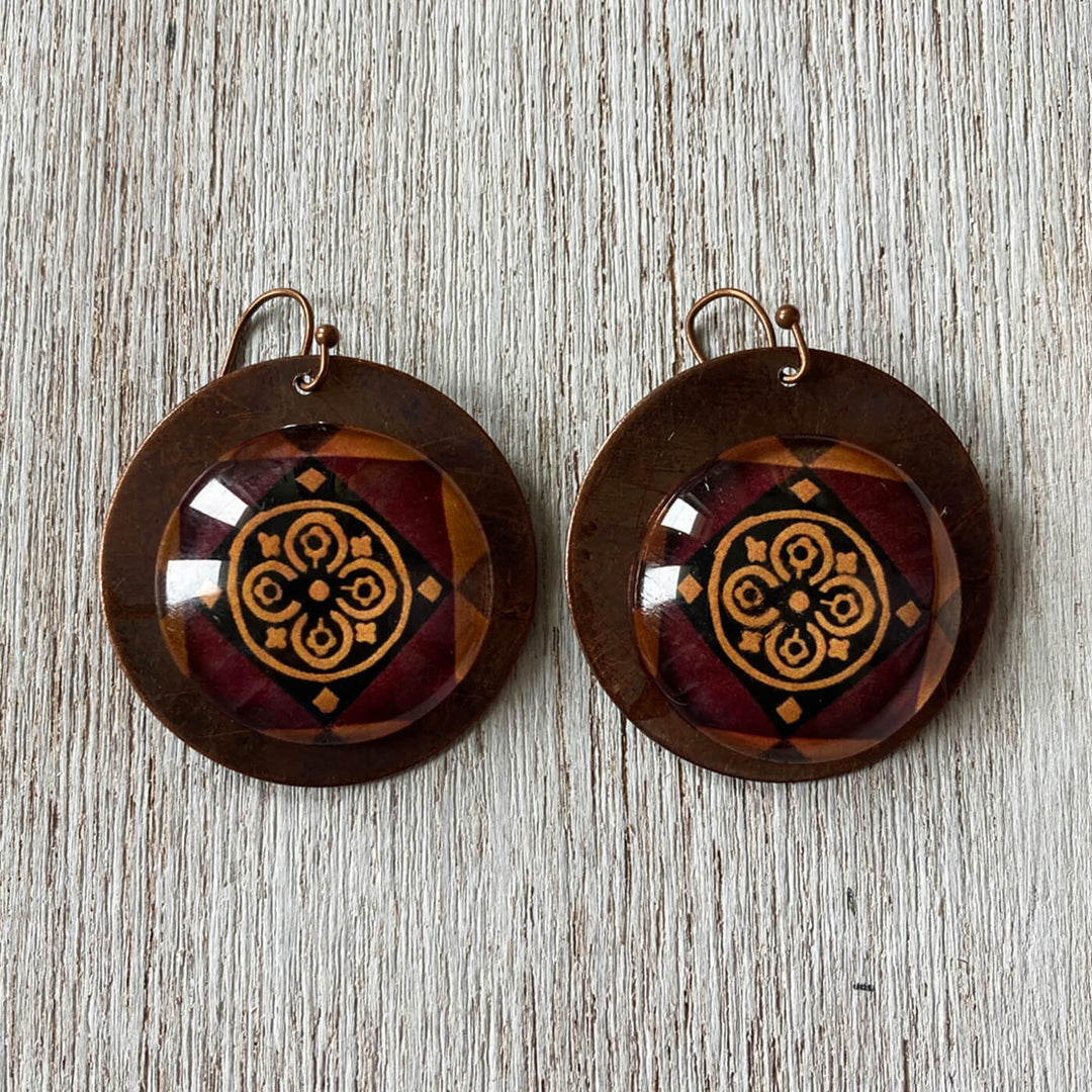 Brown Minton Tile Copper Earrings - Flower