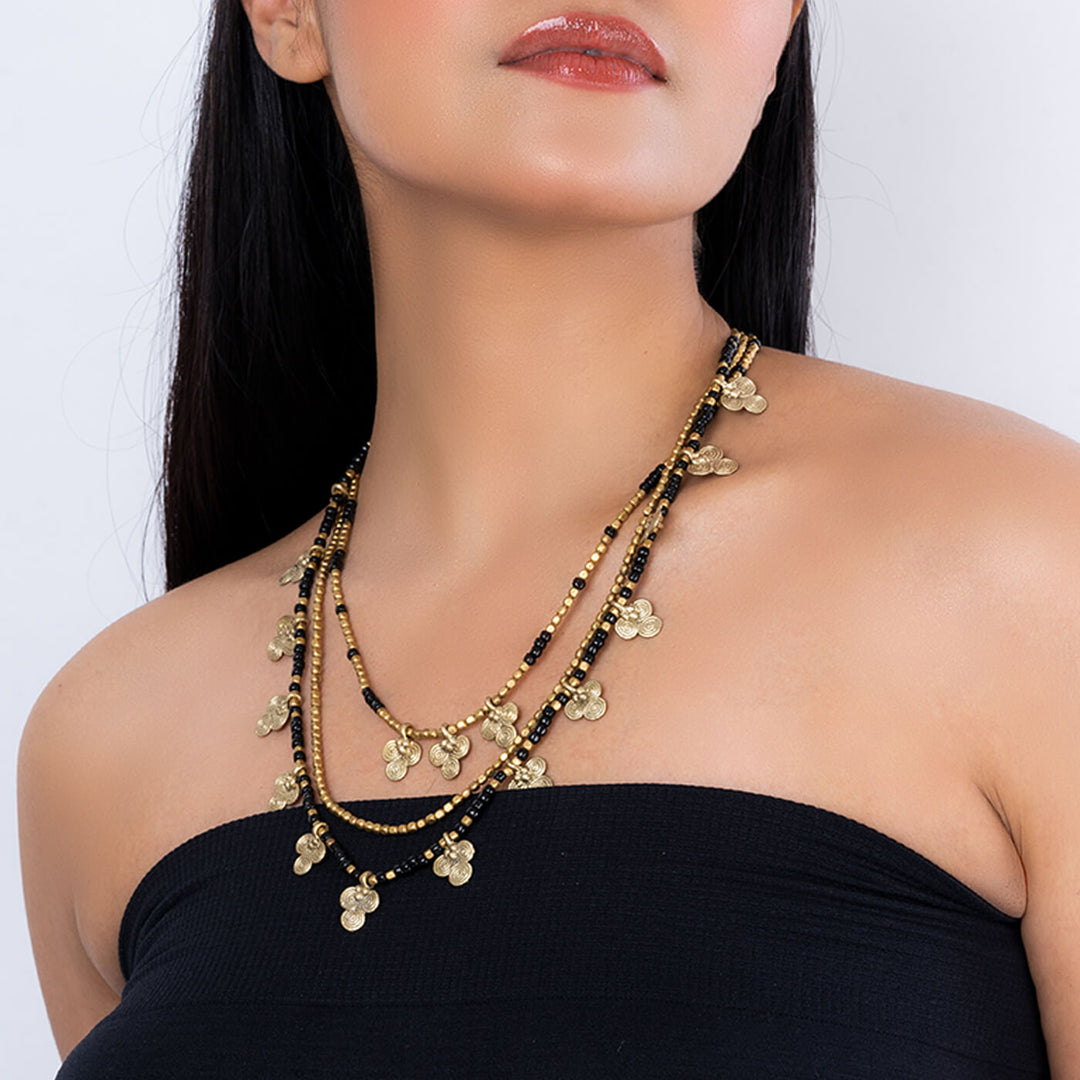 Contemporary Handmade Floral Dokra Charms Multi Layered Necklace - Black