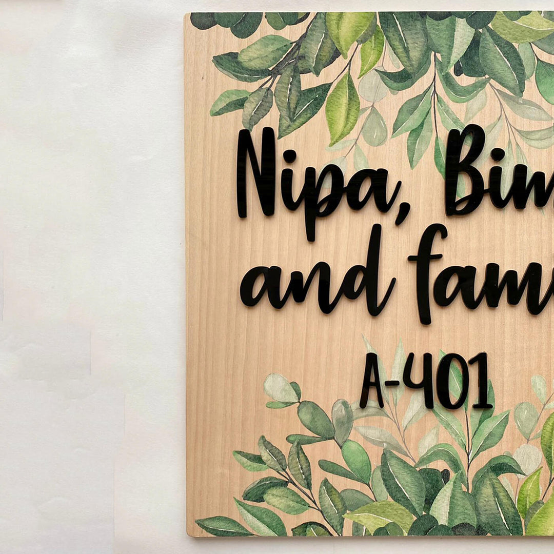 Personalised Wooden Botanical Square Name Plate - Close-up of Name Personalization