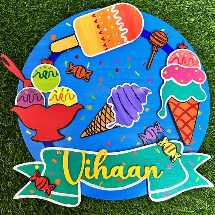Hand Painted Ice Cream Theme Personalised Boys Name Plate - Top View on Grass Background