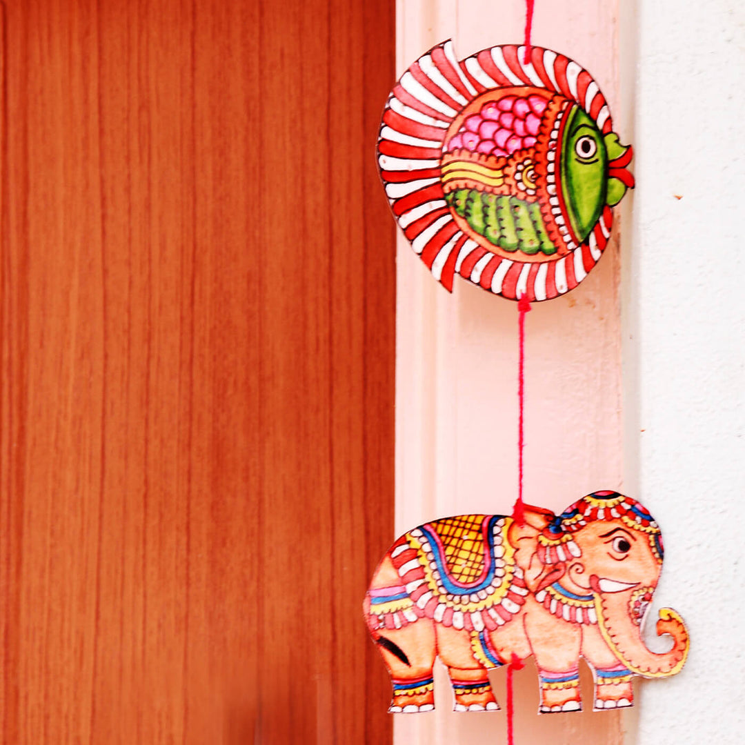 Hand-painted Tholu Fish and Elephant Puppet Hanging