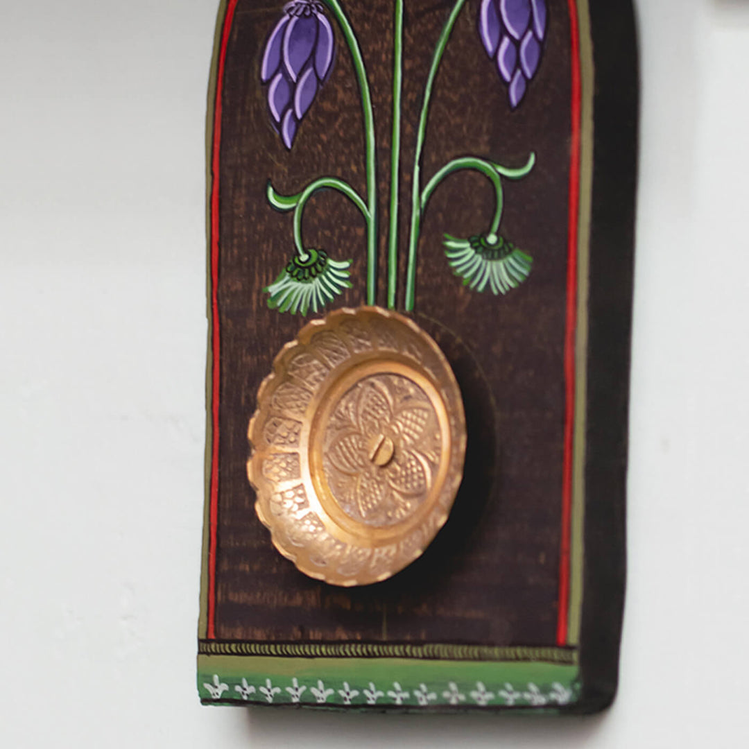 Handpainted Wooden Wall Art with Brass Ornament - Lavender Green