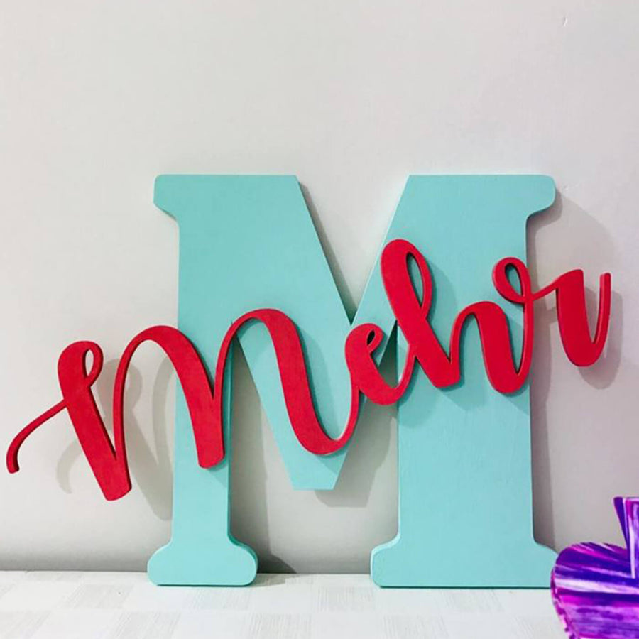 Red And Blue Hand Painted Mdf Monogram Initial Name Plate - Front View on Surface Display