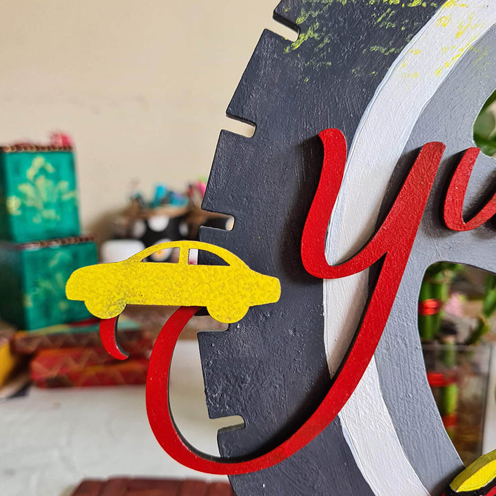 Car With Tyre Name Plate For Kids - Close-up of Car Detail on Lettering