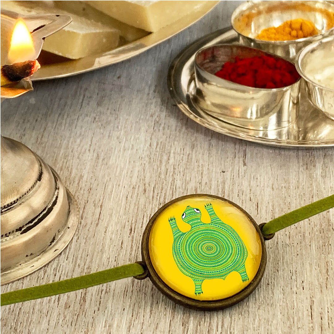Bhil Turtle Handcrafted Folkart Rakhi - Rakhi with Puja Items