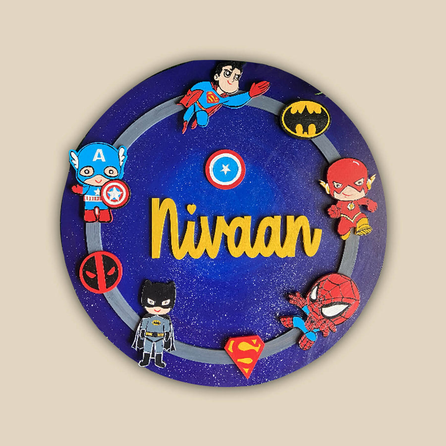 Hand Painted Superhero Theme Personalised Kids Name Plate - Top View with Name Personalization