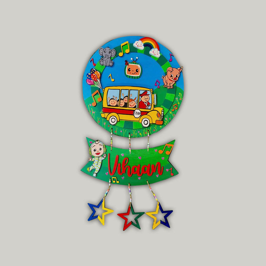 Hand Painted Cocomelon Theme Personalised Hanging Kids Name Plate - Front View with Name Personalization