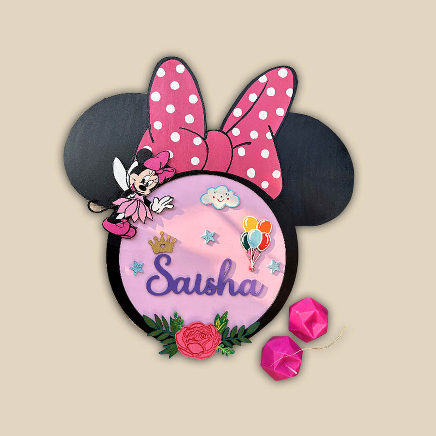 Hand Painted Minnie Mouse Theme Personalised Kids Name Plate - Front View Name Personalization Example