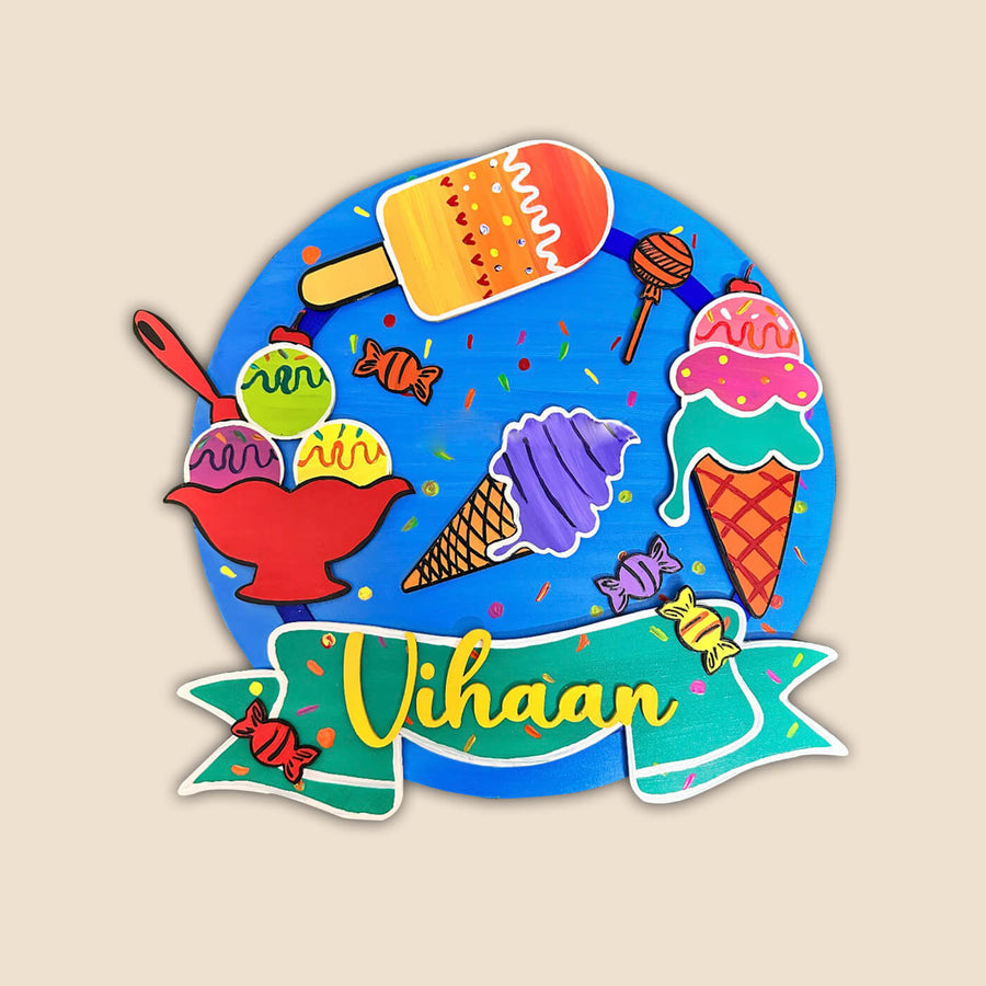 Hand Painted Ice Cream Theme Personalised Boys Name Plate - Front View with Name Personalization