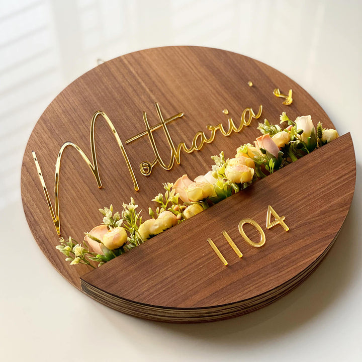 Personalised Wooden Flower Basket Name Plate 1 - Top View with Floral Decoration