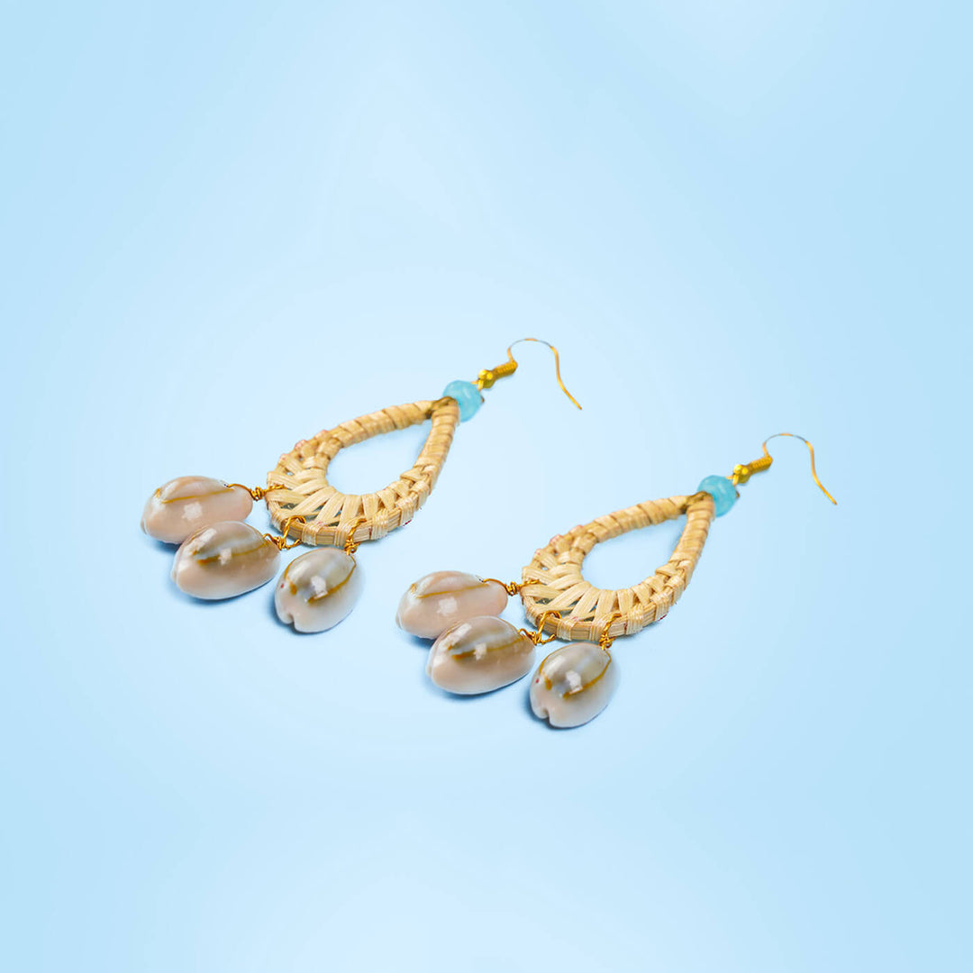 Drop-Shaped Woven Bamboo Earrings with Shells