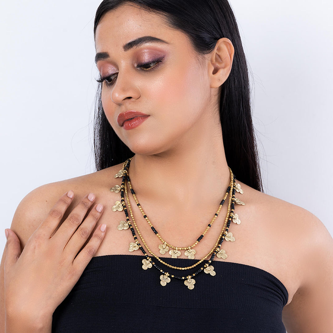Contemporary Handmade Floral Dokra Charms Multi Layered Necklace - Black