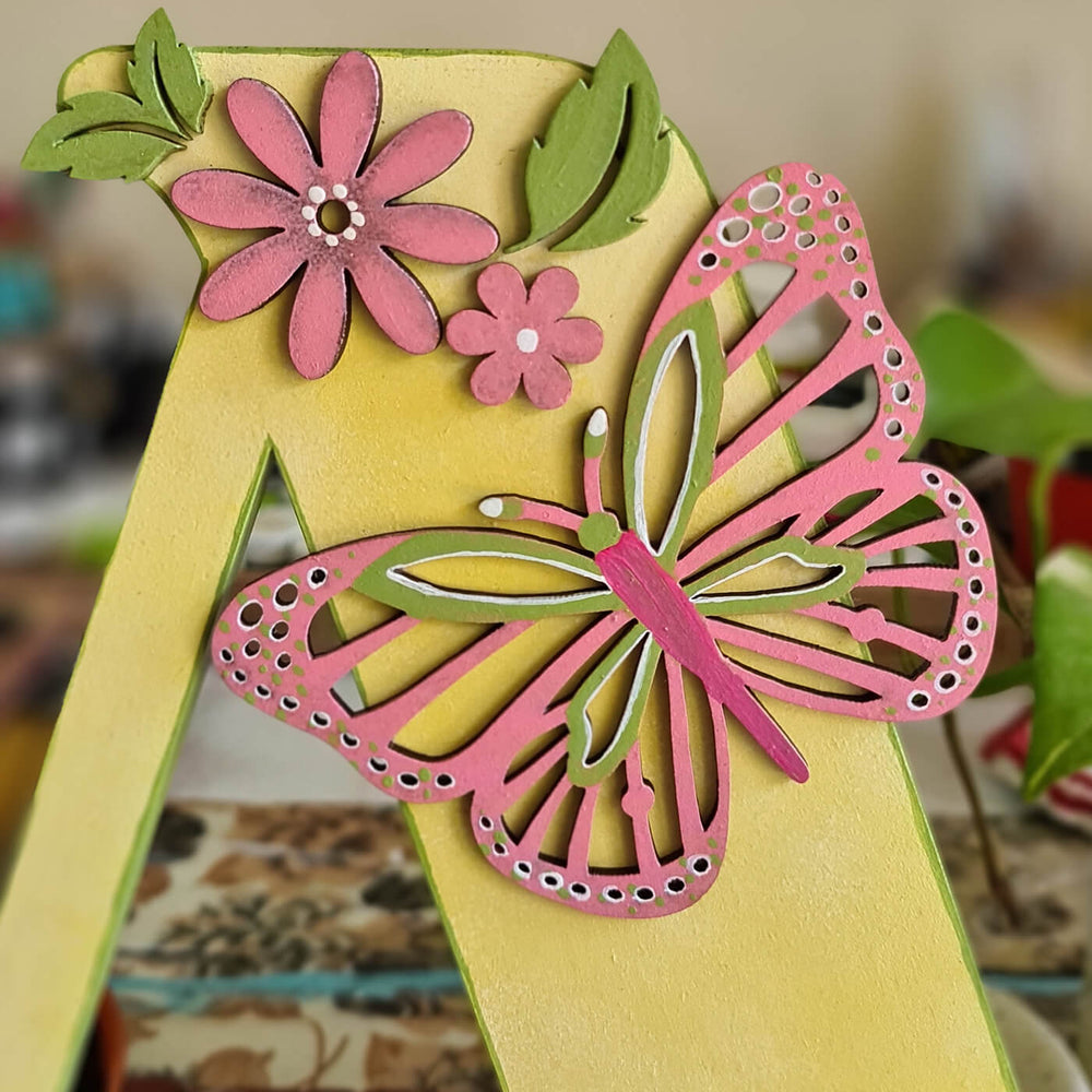 Butterfly Monogram Alphabet Name Plate For Kids - Close-up of Decorative Letter Detailing