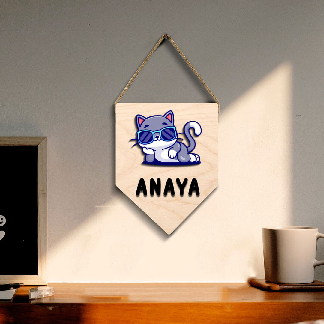 Kids Cat Themed 3D Name Plate - Hanging on Wall with Personalization