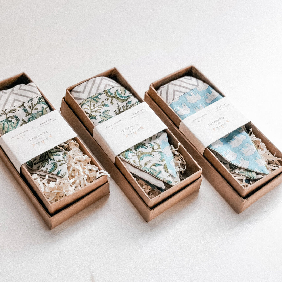 Upcycled Block Printed Cloth Bunting - Box Packaging Display of Fabric Items