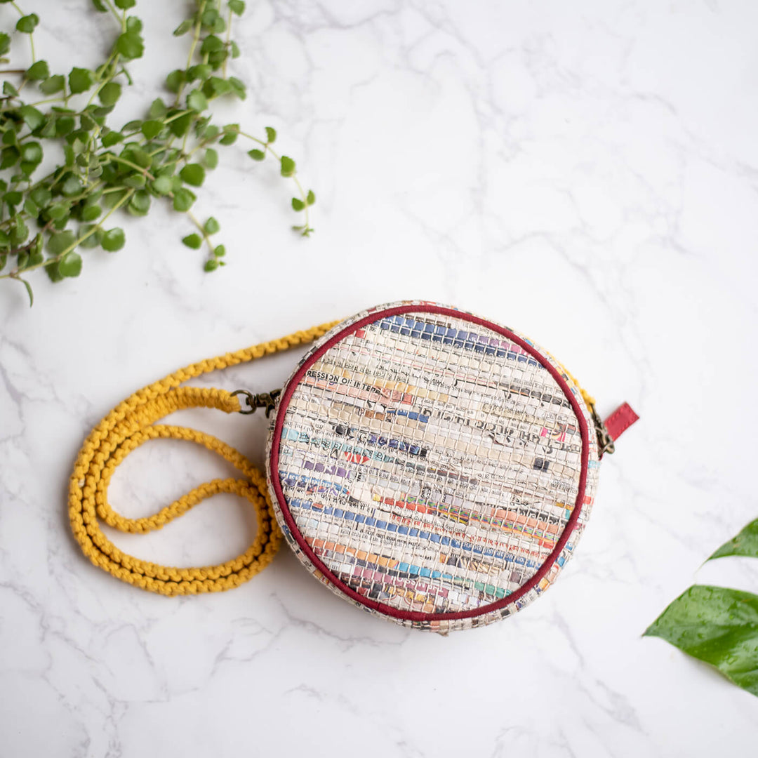 Handwoven Newspaper Fabric Sling Bag - Red