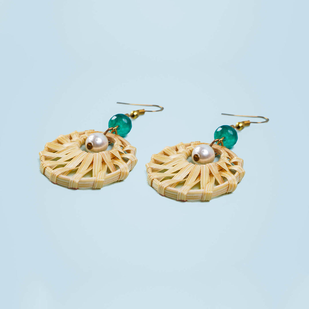Handcrafted Round Bamboo Earrings with Beads