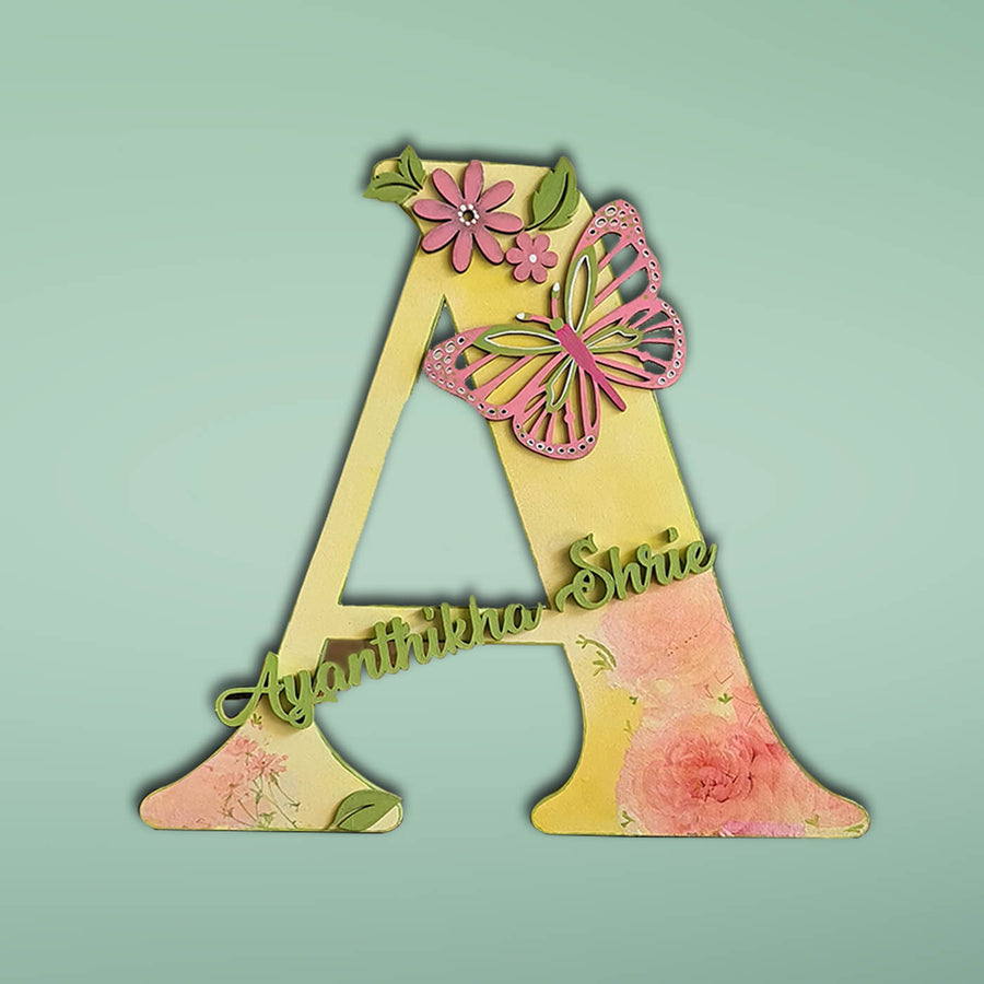 Butterfly Monogram Alphabet Name Plate For Kids - Front View with Name Personalization