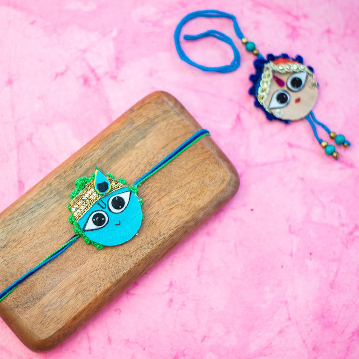 Kids Rakhi Set Magnetic Radha Krishna With Printed Mask - Paired Rakhi Set Displayed