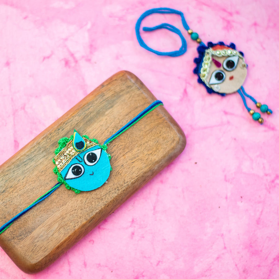 Kids Rakhi Set Magnetic Radha Krishna With Printed Mask - Paired Rakhi Set Displayed