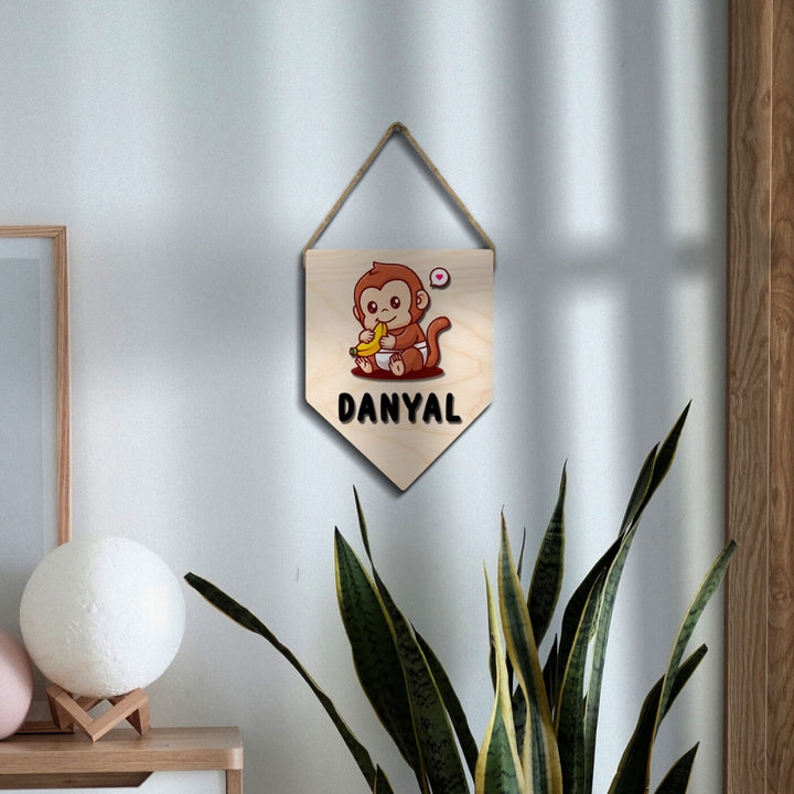 Kids Monkey Themed 3D Name Plate - Hanging on Wall with Plant